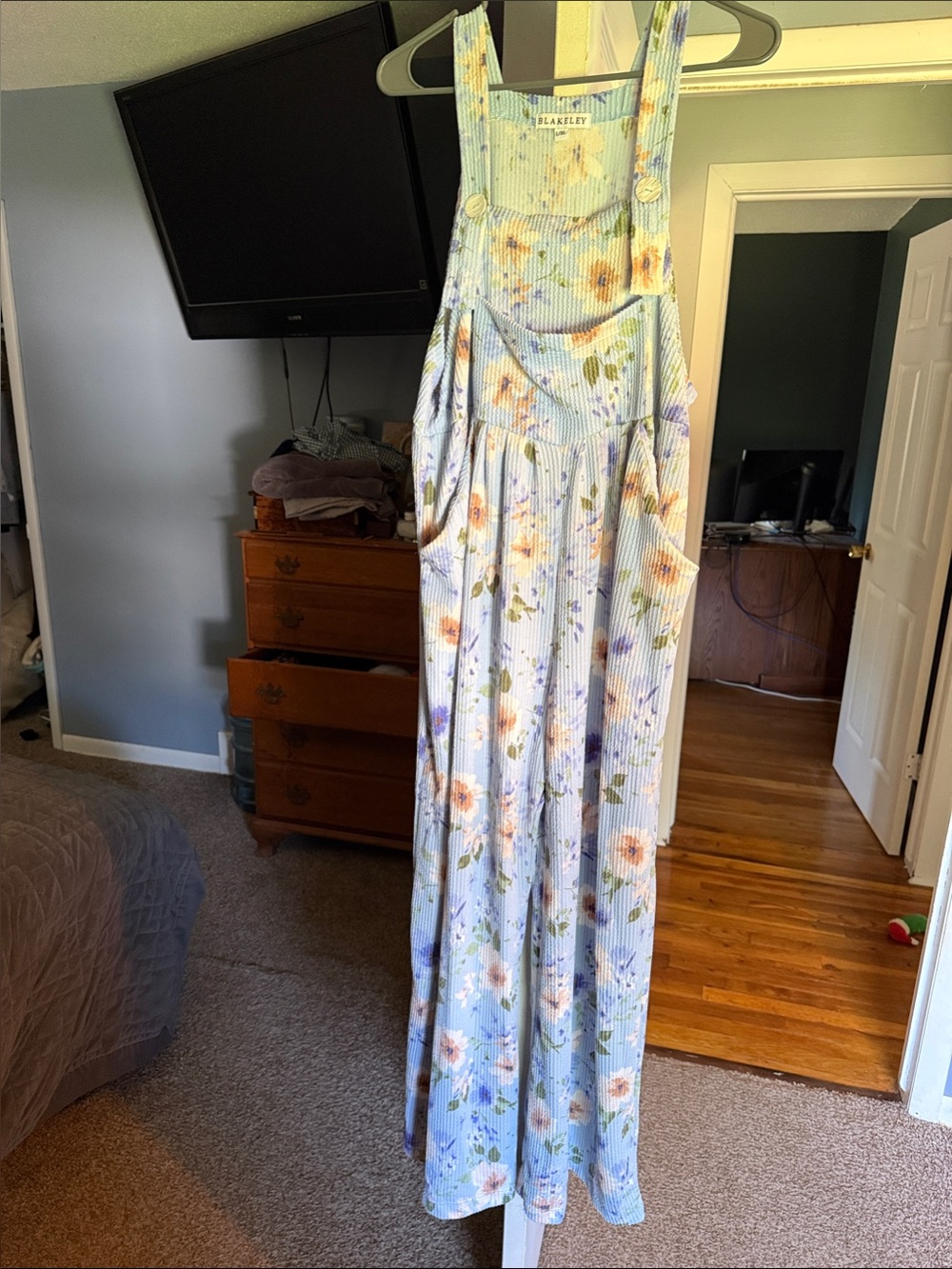 Blakeley Light Blue Floral Ribbed Overalls L/XL